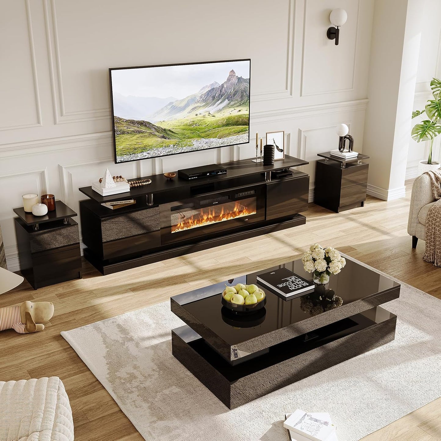 4-Piece Modern Living Room Table Set, Includes High Gloss 70" Fireplace TV Stand, LED Coffee Table and End Tables Set of 2 with Storage Drawers, Black