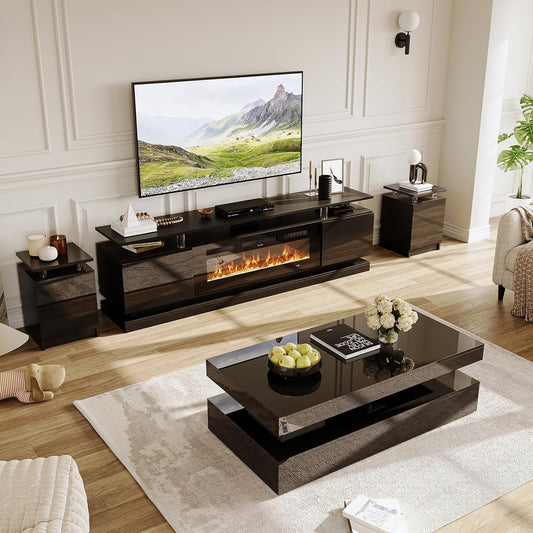 4-Piece Modern Living Room Table Set, Includes High Gloss 70" Fireplace TV Stand, LED Coffee Table and End Tables Set of 2 with Storage Drawers, Black
