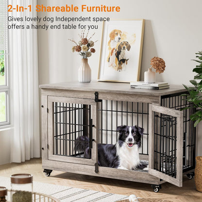 Large Dog Crate Furniture, 38'' Wooden Dog Crate End Table, Double Door Dog Kennel Indoor with Cushion & Wheels, Decorative Dog Cage House Chew-Resistant for Large/Medium, Grey