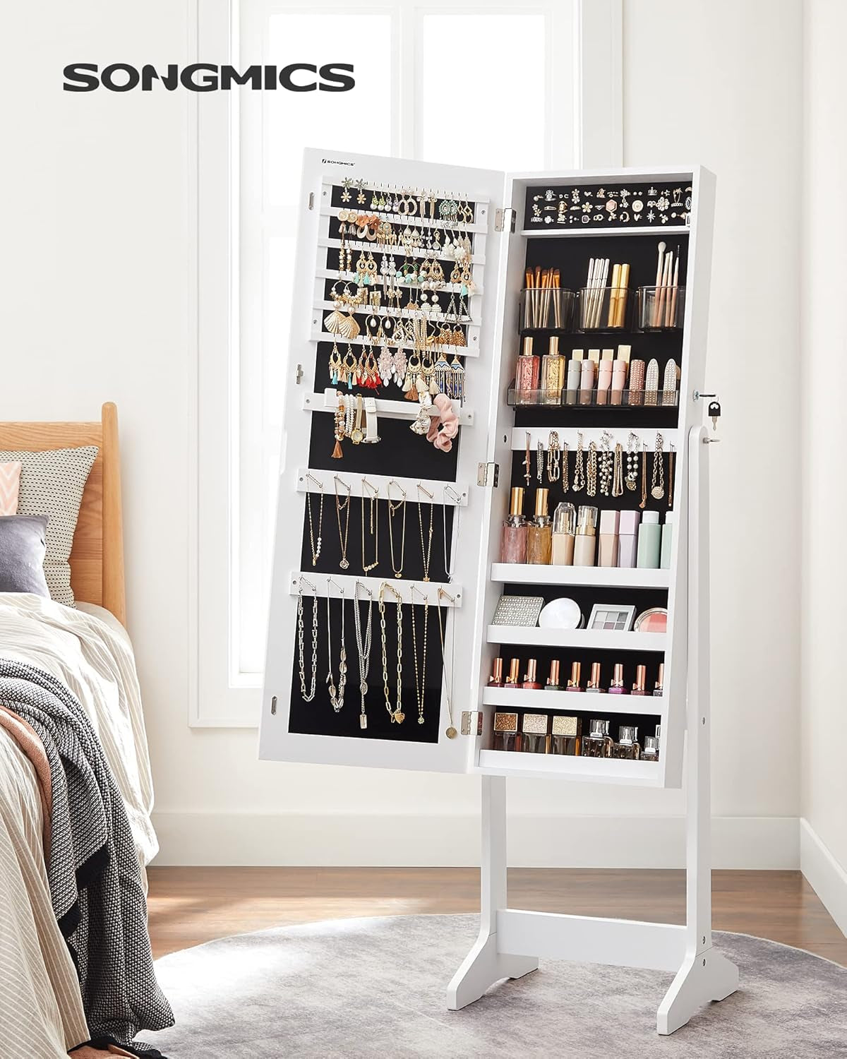 Jewelry Cabinet Armoire, Freestanding Lockable Storage Organizer Unit with 2 Plastic Cosmetic Storage, Full-Length Frameless Mirror, for Necklace Earring, White UJJC002W01