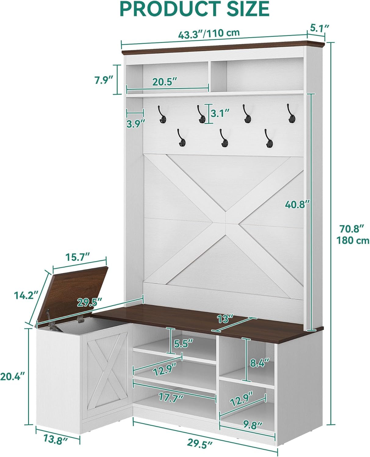 L-Shaped Hall Tree with Bench & Storage, Corner Entryway Organizer with 5 Shoe Shelves, Hidden Seat Compartment, Hooks & Open Top Storage for Living Room & Hallway, Walnut & Off-White