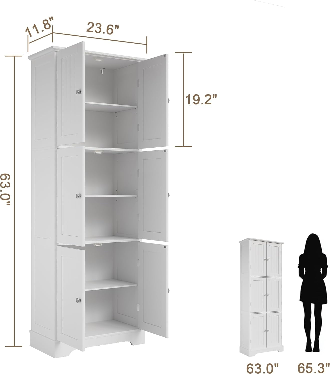Tall Bathroom Storage Cabinet with 6 Doors, Freestanding Floor Cabinet with Adjustable Shelves, White Pantry Cabinet for Bathroom, Kitchen, Laundry Room