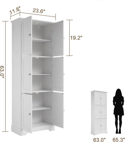 Tall Bathroom Storage Cabinet with 6 Doors, Freestanding Floor Cabinet with Adjustable Shelves, White Pantry Cabinet for Bathroom, Kitchen, Laundry Room