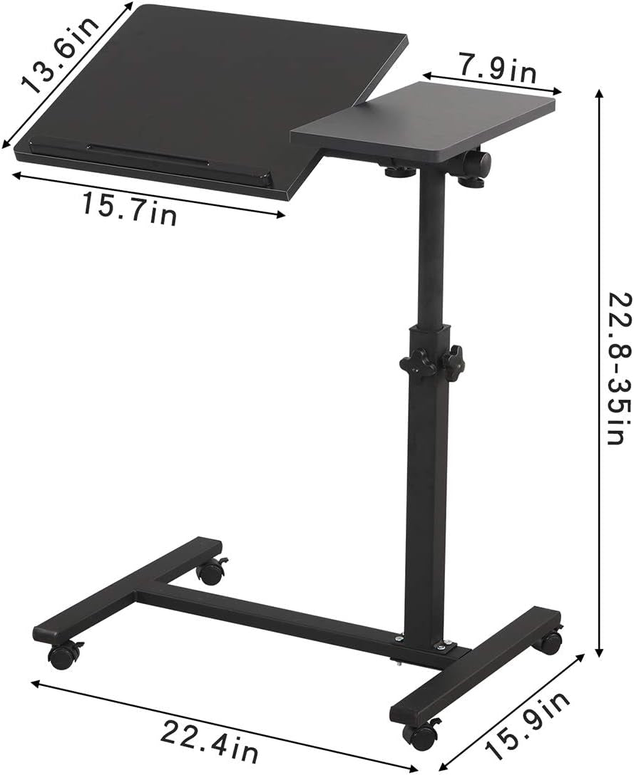 Overbed Bedside Desk Mobile Rolling Laptop Stand Tilting Overbed Table with Wheels Height Adjustable Tray Table for Laptop Bed Sofa Side Table (Black)