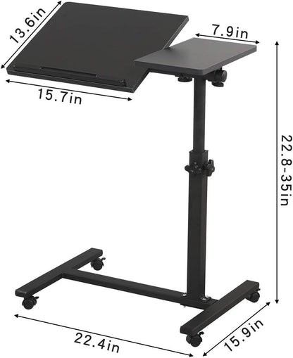 Overbed Bedside Desk Mobile Rolling Laptop Stand Tilting Overbed Table with Wheels Height Adjustable Tray Table for Laptop Bed Sofa Side Table (Black)