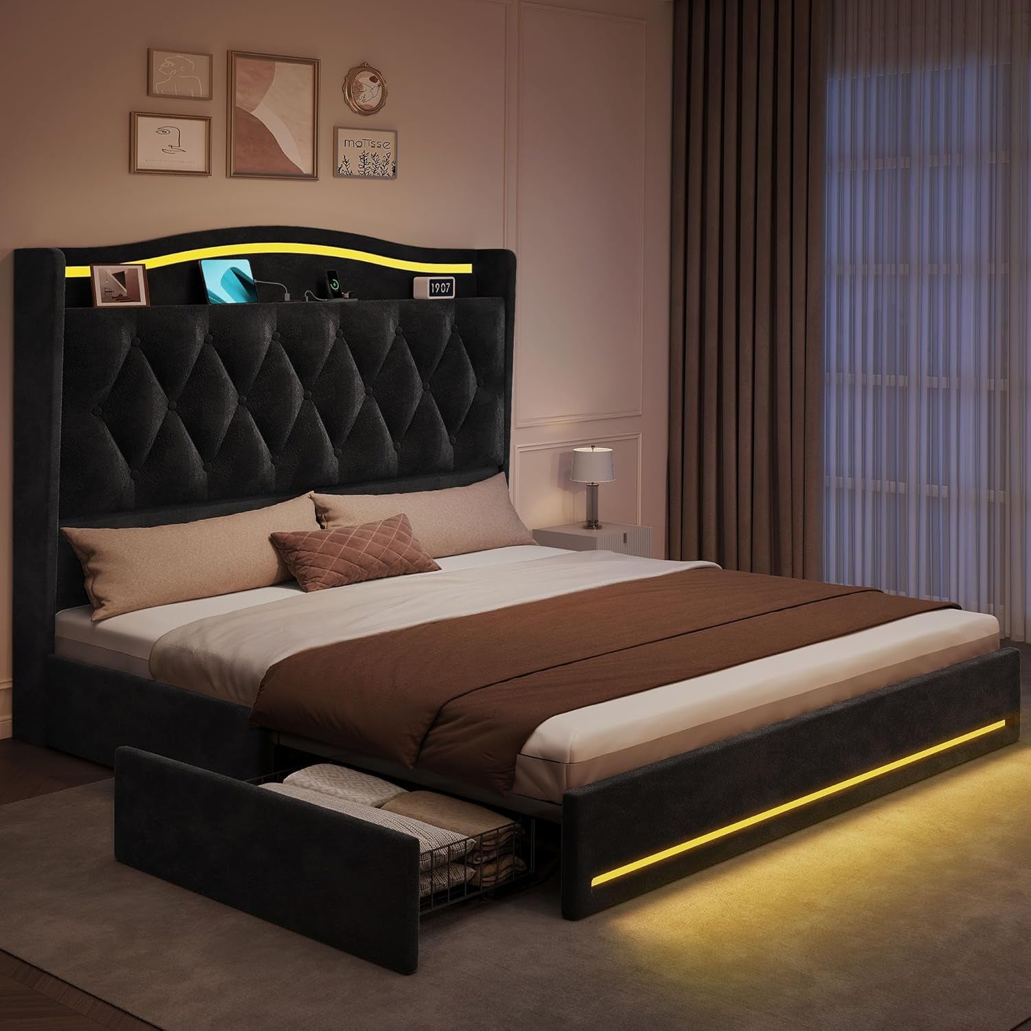 Queen Size Bed Frame with 4 Storage Drawers and RGB LED Lights, 57'' Tall Headboard Velvet Upholstered Bed with Charging Station, No Box Spring Needed, Easy Assembly, Noise-Free, Black