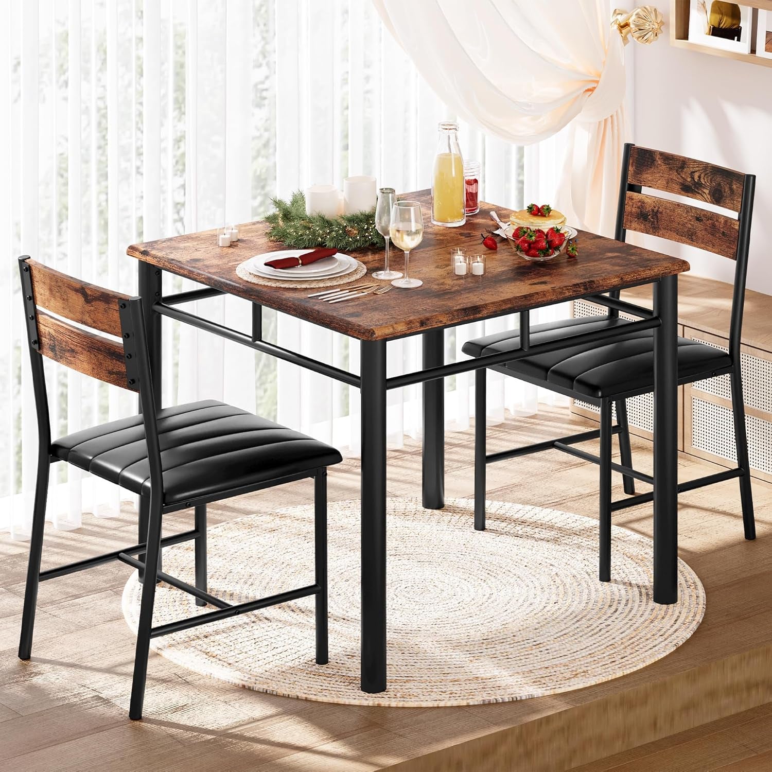 Dining Table Set for 2, Small Kitchen Table with Upholstered Chairs Dinning Table Set for Kitchen & Dining Room, Compact Dining Set for Small Spaces, Rustic Brown