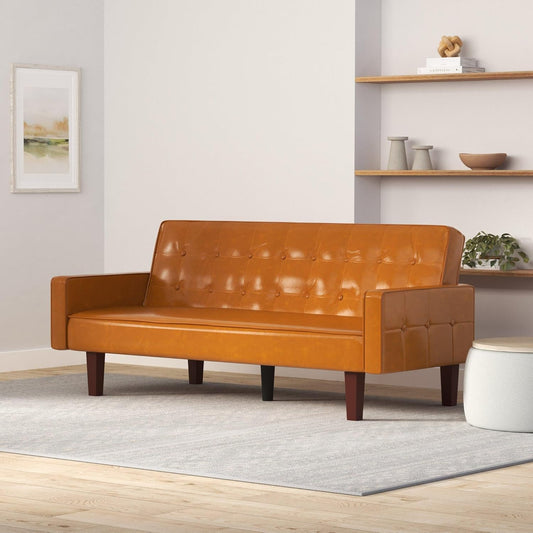 PU Futon Sofa Couch for Living Room Convertible Faux Leather Upholstered Futon Sleeper Sofa Bed Channel Tufted Bedroom Futons with Solid Wood Legs for Small Spaces