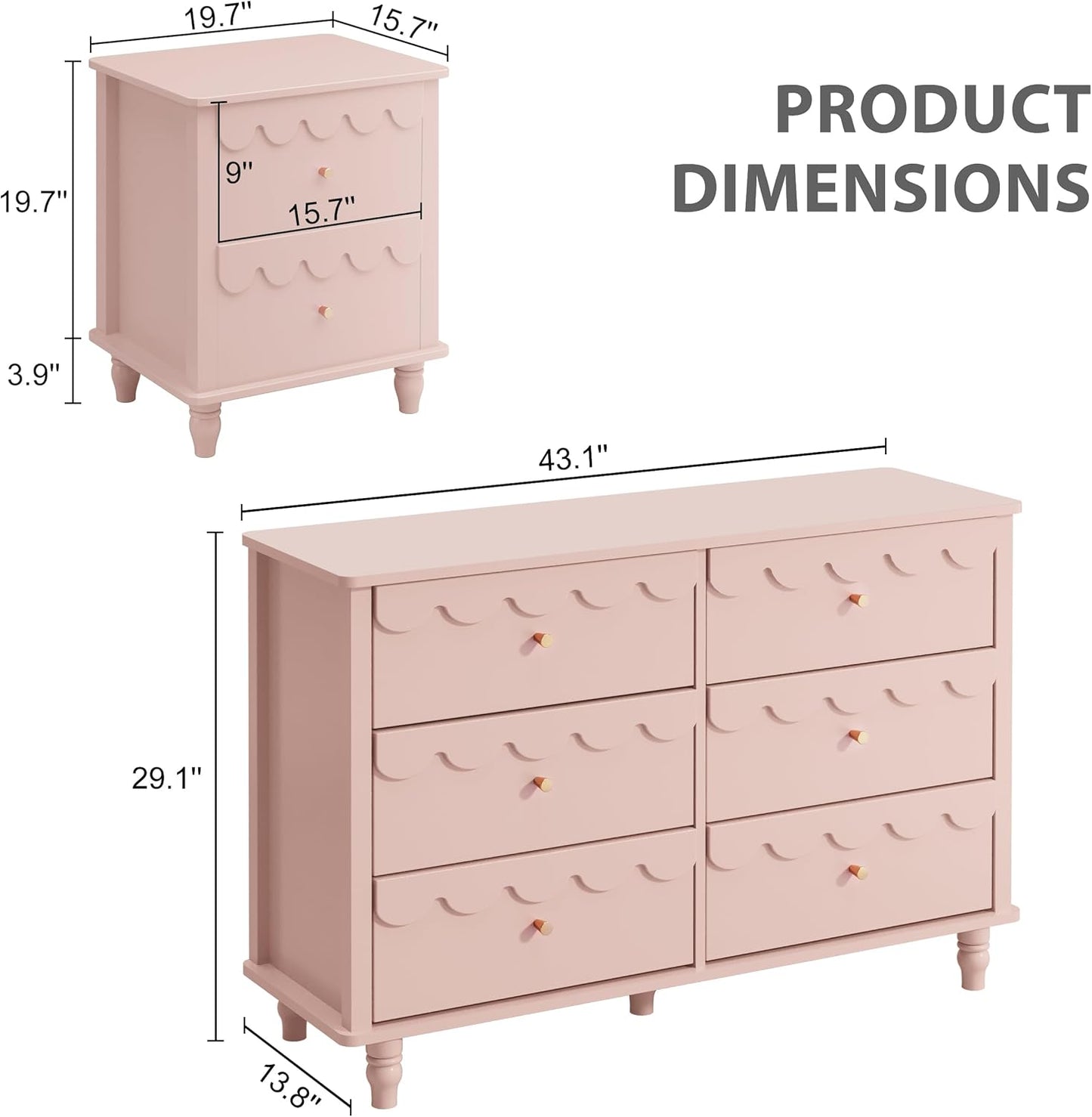 Bedroom Set 2 PCS 6 Drawer Dresser and Night Stand Sets for Bedroom, Two Drawers Nightstand & Scalloped 6 Drawer Dresser Combo 2 Pieces (Pink)