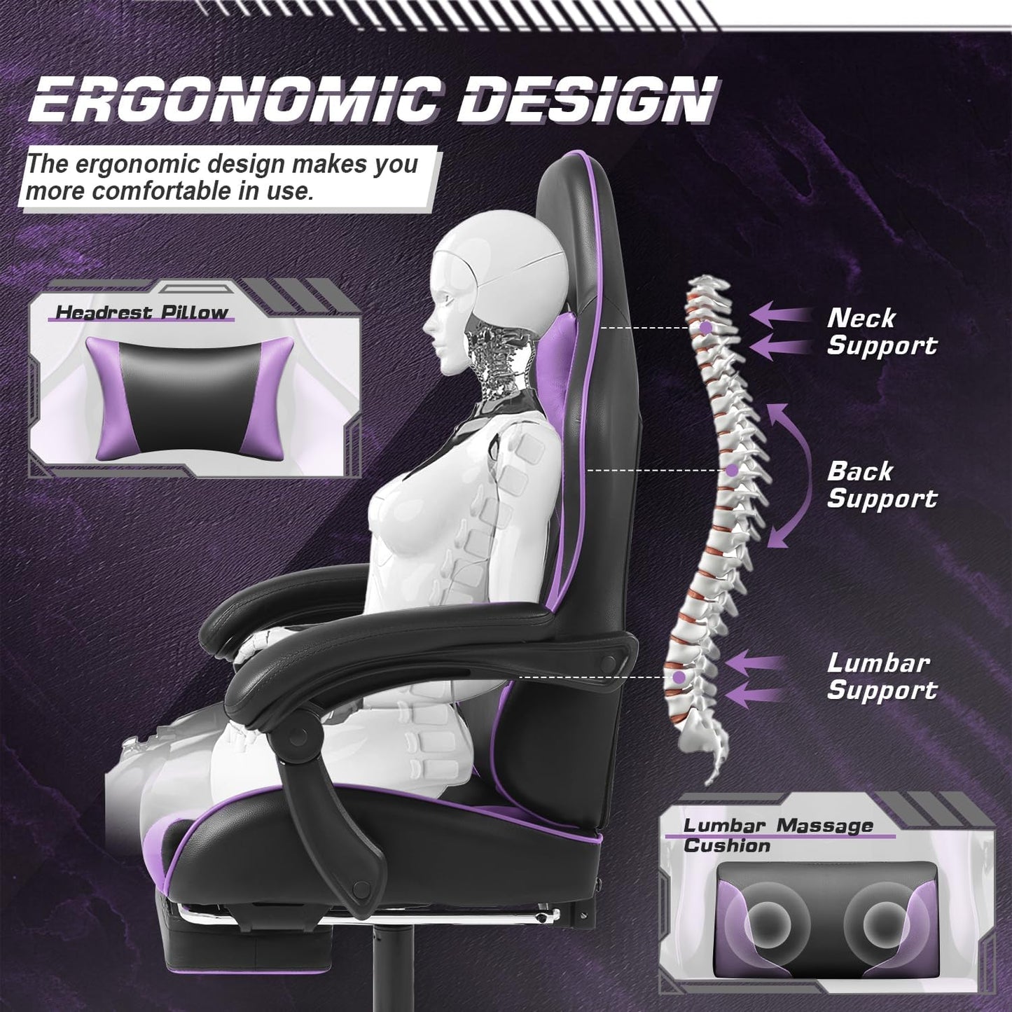 Gaming Chair with Footrest and Massage Lumbar Support, Computer Chairs, Video Racing Seat Height Adjustable with 360°Swivel and Headrest for Office or Bedroom, Purple