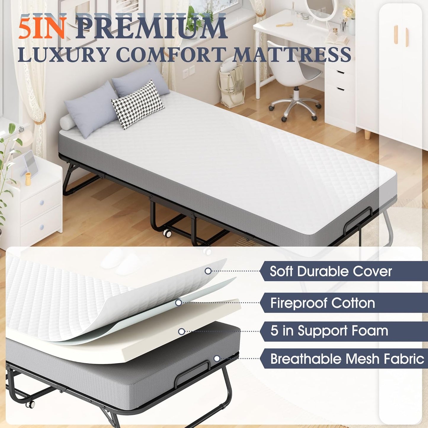 Folding Bed with Mattress, 75" X 31" - 5" Thick Memory Foam Mattress, Cot Size Portable Beds for Adults, Metal Bed Frame on Wheels for Guest, Space Saving Roll Away Beds for Easy Storage