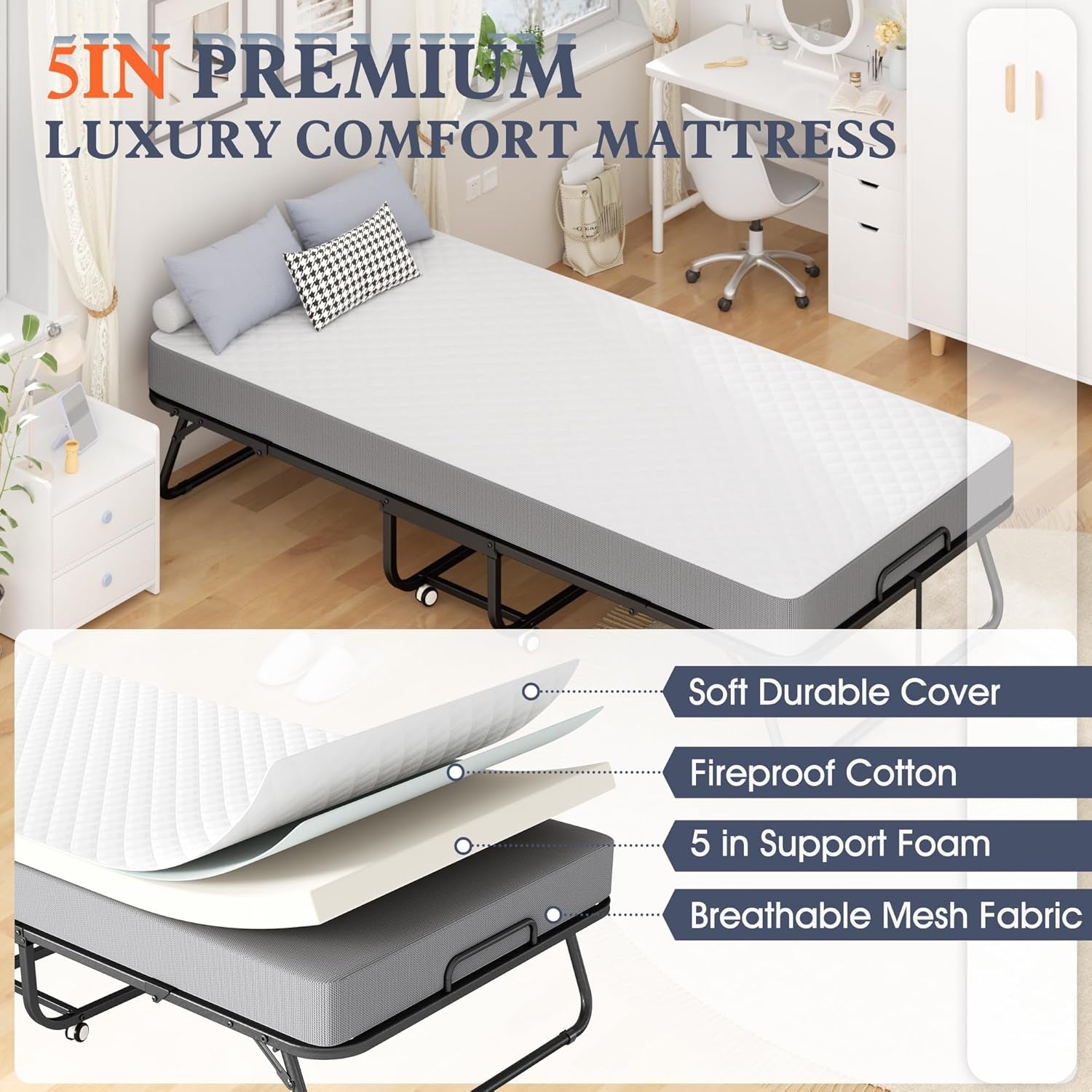 Folding Bed with Mattress, 75" X 31" - 5" Thick Memory Foam Mattress, Cot Size Portable Beds for Adults, Metal Bed Frame on Wheels for Guest, Space Saving Roll Away Beds for Easy Storage