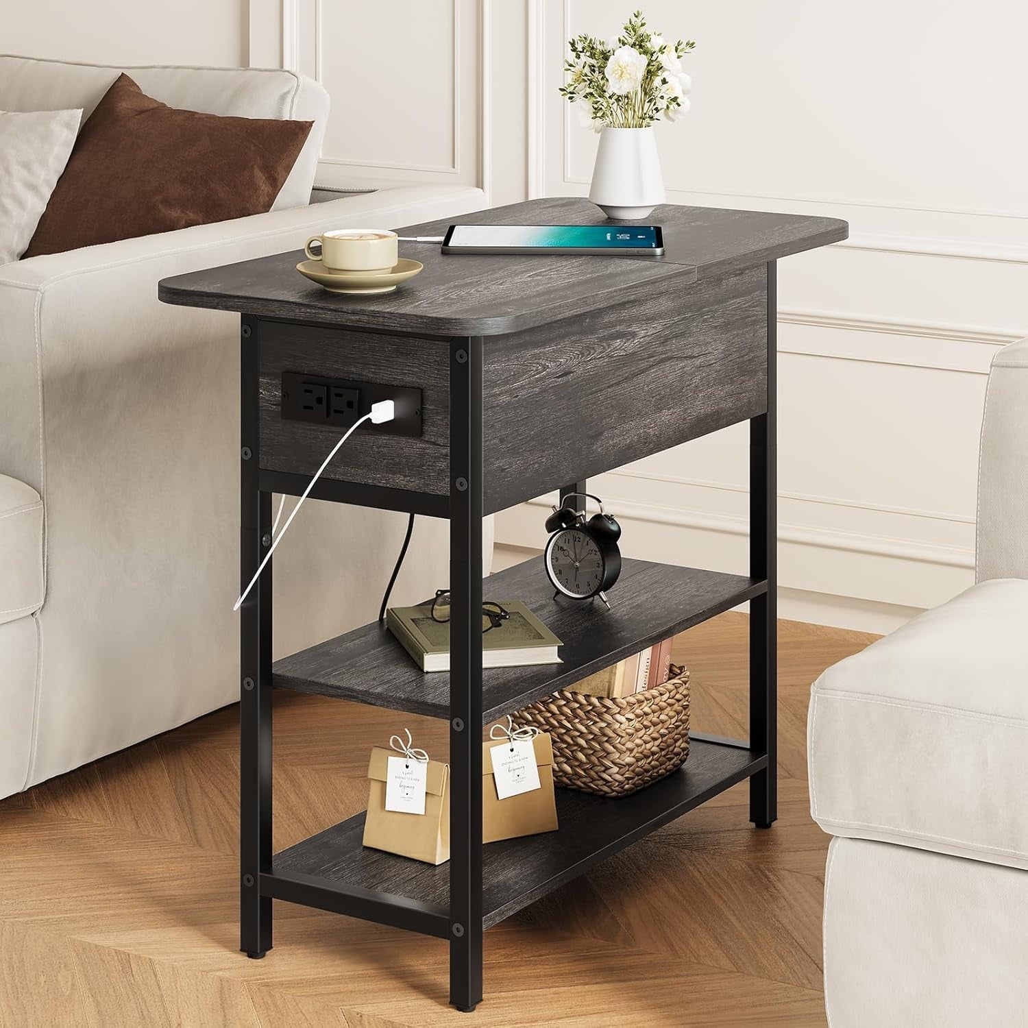 End Table with Charging Station, Flip Top Side Table with USB Ports and Outlets, Sofa Couch Table Bedside Table for Living Room Bedroom, Narrow Nightstand with Storage Shelves for Small Space