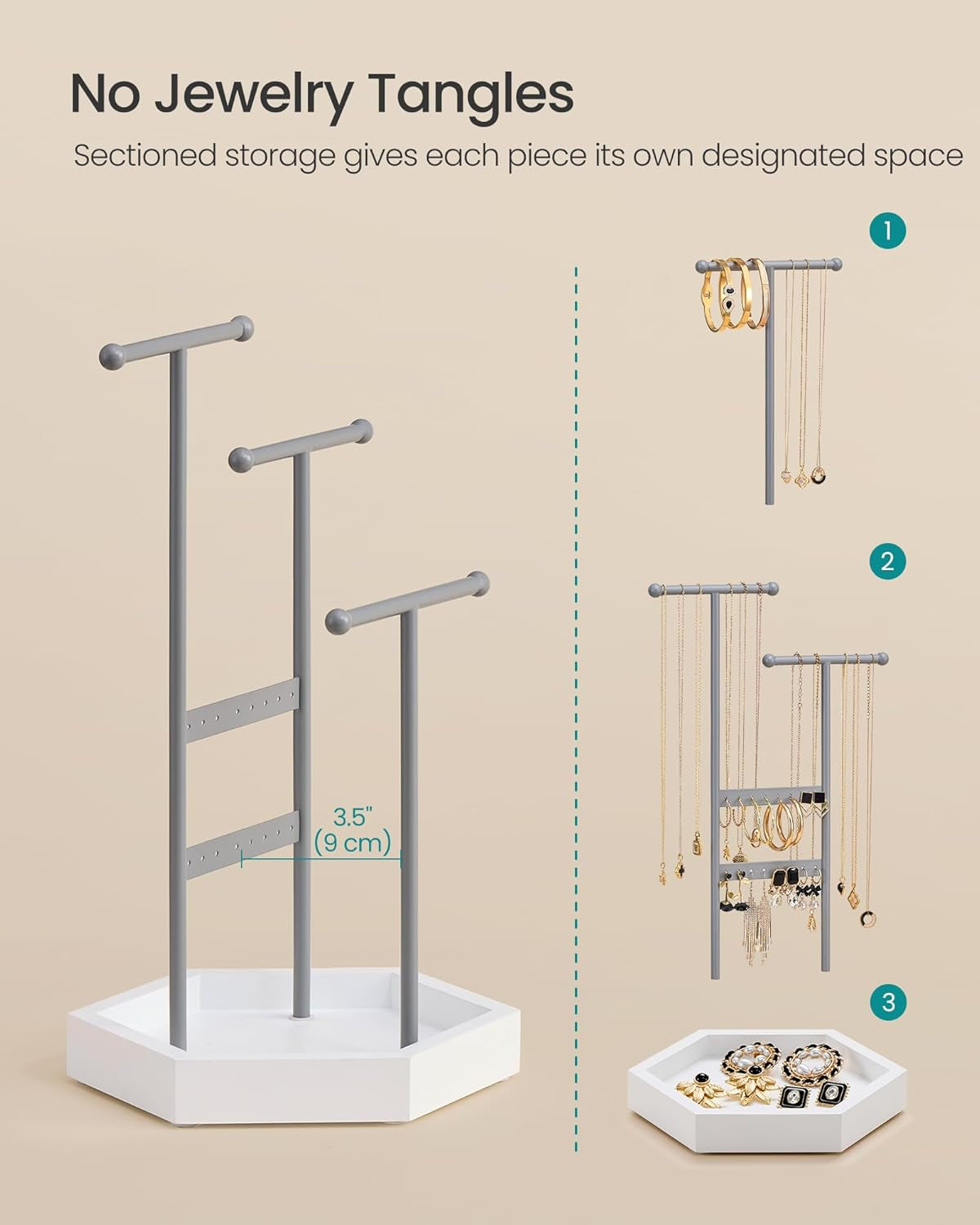 Jewelry Holder, Jewelry Organizer, 3 Tiers and 1 Tray, Jewelry Display Stand with Metal Frame, Necklace Earring Bracelet Holder, for Rings, Dove Gray and Cloud White UJJS003G01