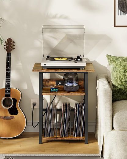 Record Player Stand with Power Outlet, Vinyl Record Storage Side Table, 19" Large Tabletop, Charging Station & Crossed Frame Design for Turntable, Rustic Brown and Black TBZ48UBF