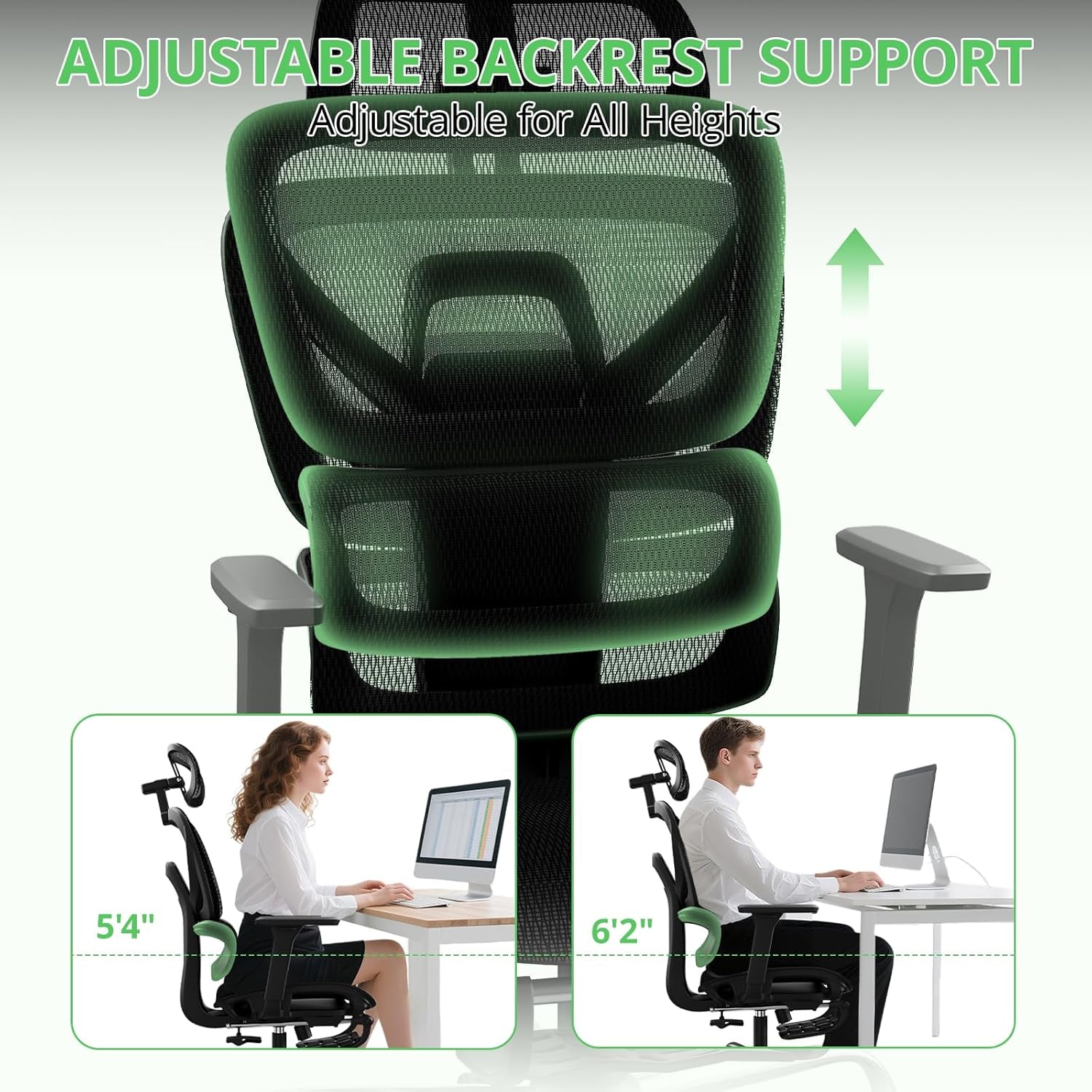 Ergonomic Office Chair with Footrest, Mesh Desk Chair with 135° Recline, Adjustable Lumbar Support, 3D Armrests and Headrest, Swivel Computer Chair for Home Office