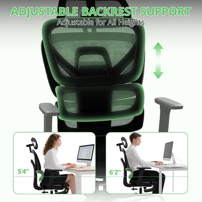 Ergonomic Office Chair with Footrest, Mesh Desk Chair with 135° Recline, Adjustable Lumbar Support, 3D Armrests and Headrest, Swivel Computer Chair for Home Office