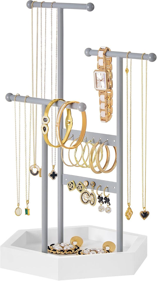 Jewelry Holder, Jewelry Organizer, 3 Tiers and 1 Tray, Jewelry Display Stand with Metal Frame, Necklace Earring Bracelet Holder, for Rings, Dove Gray and Cloud White UJJS003G01
