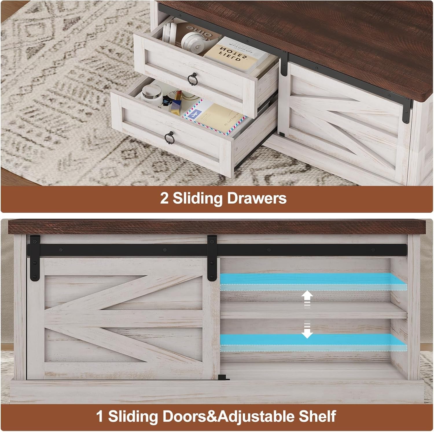 39.4'' Lift Top Coffee Table with Storage, Farmhouse Coffee Tables for Living Room, Square Coffee Table with Large Hidden Compartment & 2 Drawers & Adjustable Shelves, White