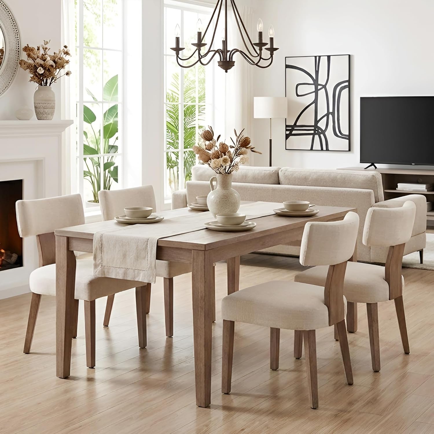 Mid Century Modern Dining Chairs Set of 4, Farmhouse Linen Fabric Upholstered Accent Curved Backrest Kitchen Chairs, with Hardwood Frame, Beige