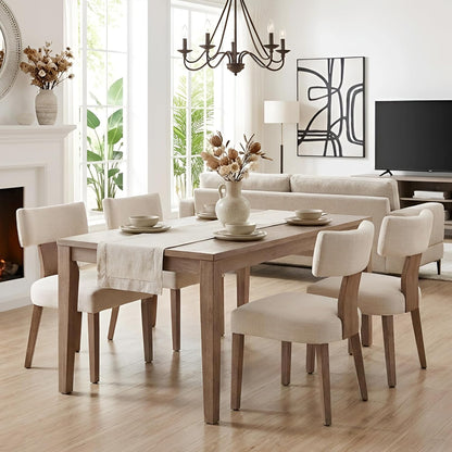 Mid Century Modern Dining Chairs Set of 4, Farmhouse Linen Fabric Upholstered Accent Curved Backrest Kitchen Chairs, with Hardwood Frame, Beige