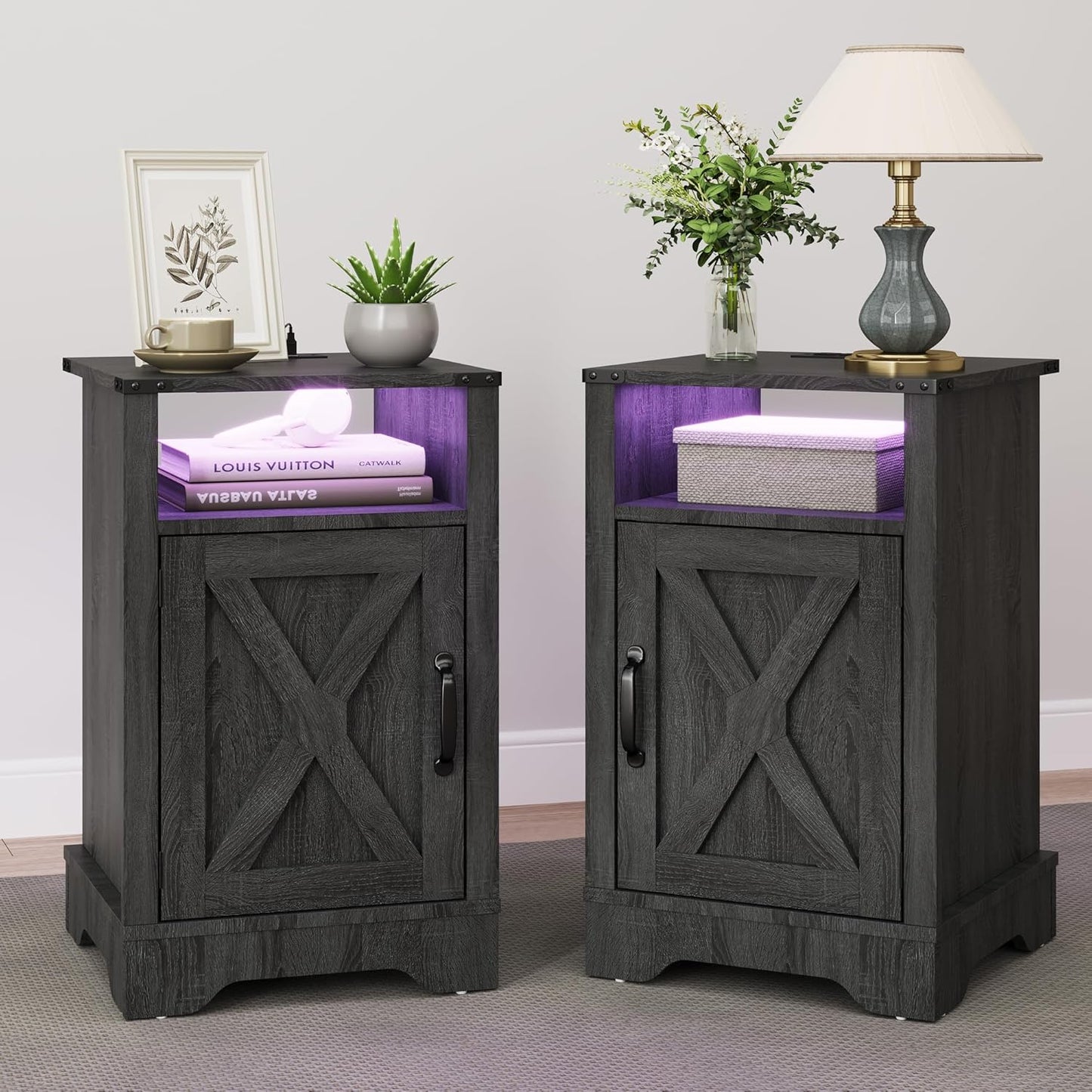Farmhouse Nightstand, End Table with LED Lights and Charging Station, Tall Bedside Table with Large Storage and Shelf, Wooden Side Table for Bedroom, Home Office, Dark Grey