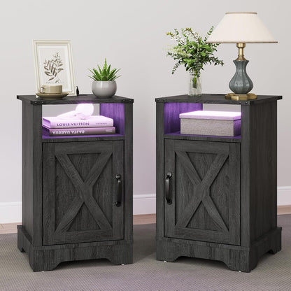 Farmhouse Nightstand, End Table with LED Lights and Charging Station, Tall Bedside Table with Large Storage and Shelf, Wooden Side Table for Bedroom, Home Office, Dark Grey