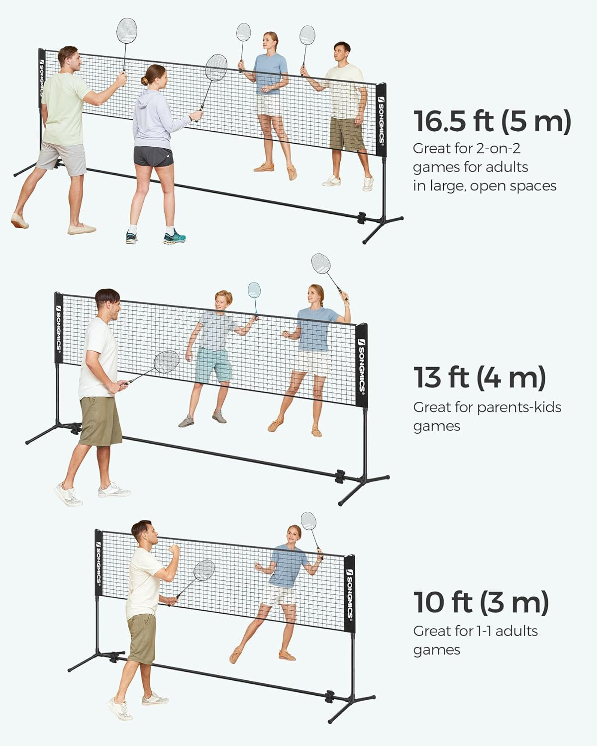 Badminton Net, Height Adjustable Volleyball Net, Pickleball Net for Junior Tennis, Kids, Indoor Outdoor Court, Foldable Nylon Net with Poles 10Ft/13Ft/16.5Ft Wide