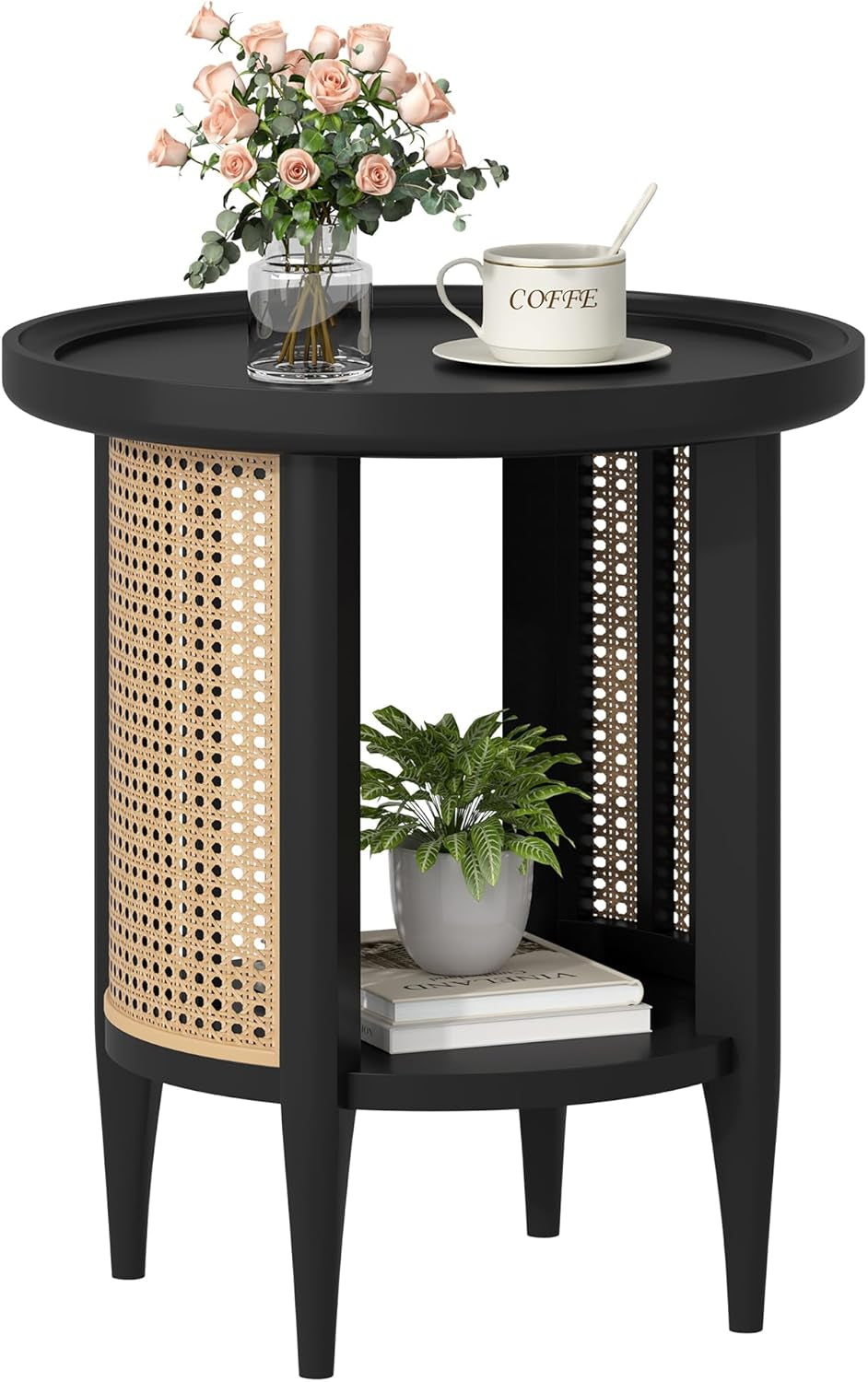 round End Table Rattan Style Side Table with Solid Wood Legs, Boho Style Nightstand Bedside Table with 2-Tier Shelves, Small Coffee Table for Living Room Bedroom Small Spaces Black