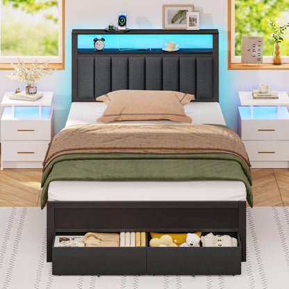 Twin Bed Frames with Charging Station and LED Lights, Grey Upholstered Headboard with Shelves, Metal Platform Bed with 2 Under-Bed Storage (Fabric Drawer on Wheels), No Box Spring Needed