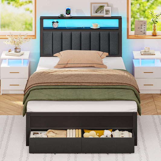 Twin Bed Frames with Charging Station and LED Lights, Grey Upholstered Headboard with Shelves, Metal Platform Bed with 2 Under-Bed Storage (Fabric Drawer on Wheels), No Box Spring Needed