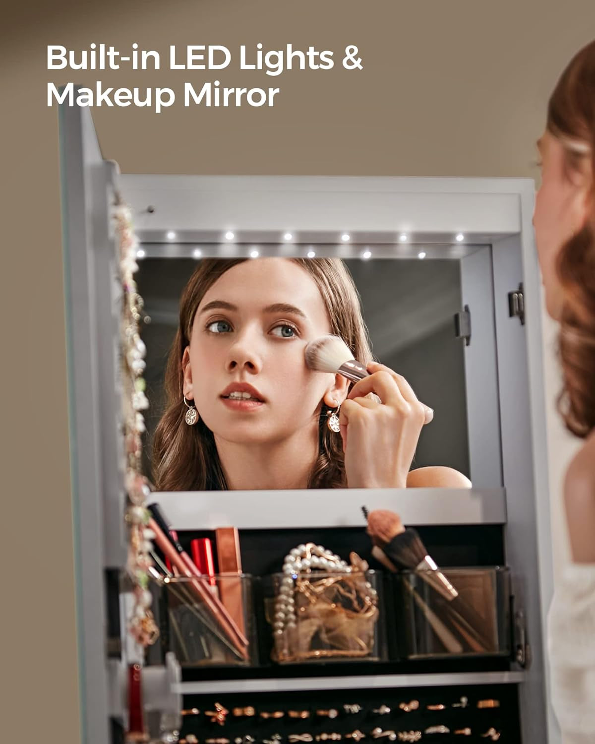 LED Mirror Jewelry Cabinet, Adjustable Brightness and 3 Shades of Light, Standing Jewelry Armoire with Full-Length Mirror, Jewelry Organizer with Built-In Mirror and Lights, White UJJC016W01