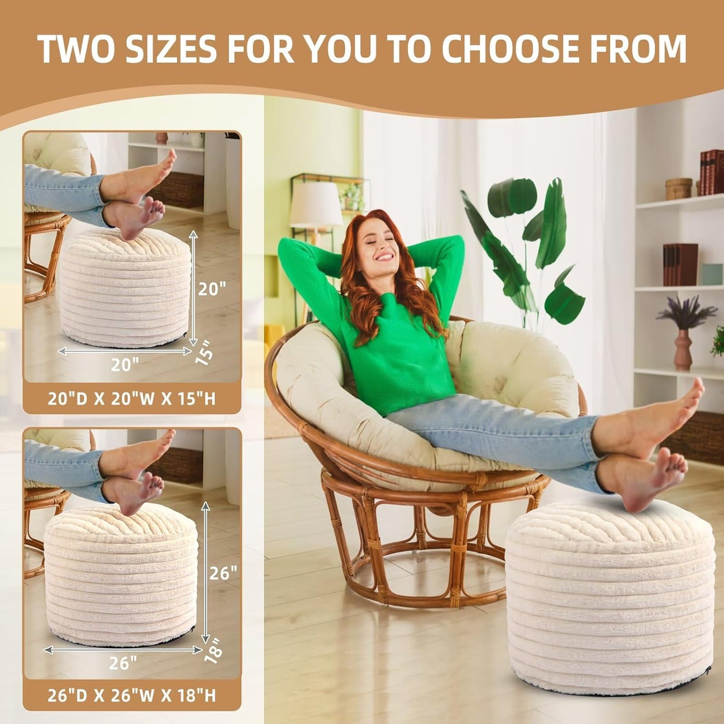 Round Stuffed Pouf Ottoman Foot Rest for Couch round Ottoman with Foam Chunk Filling Stripe Faux Fur Ottomans for Living Room Floor (20"X15",Beige)