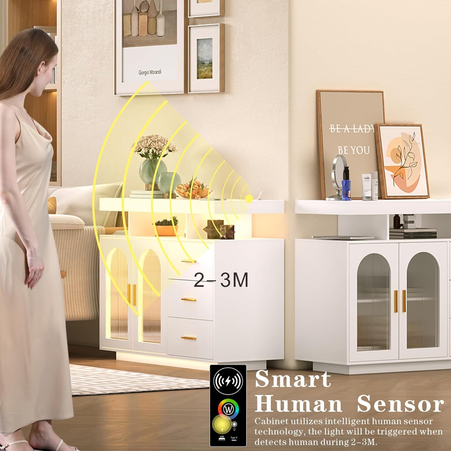 Sideboard Buffet Cabinet with Charging Station, Coffee Bar Table with RGB LED Light, Auto-Sensor Design, Bar Cabinet with Storage with 3 Drawers and 2 Doors for Kitchen, Dinning(White)