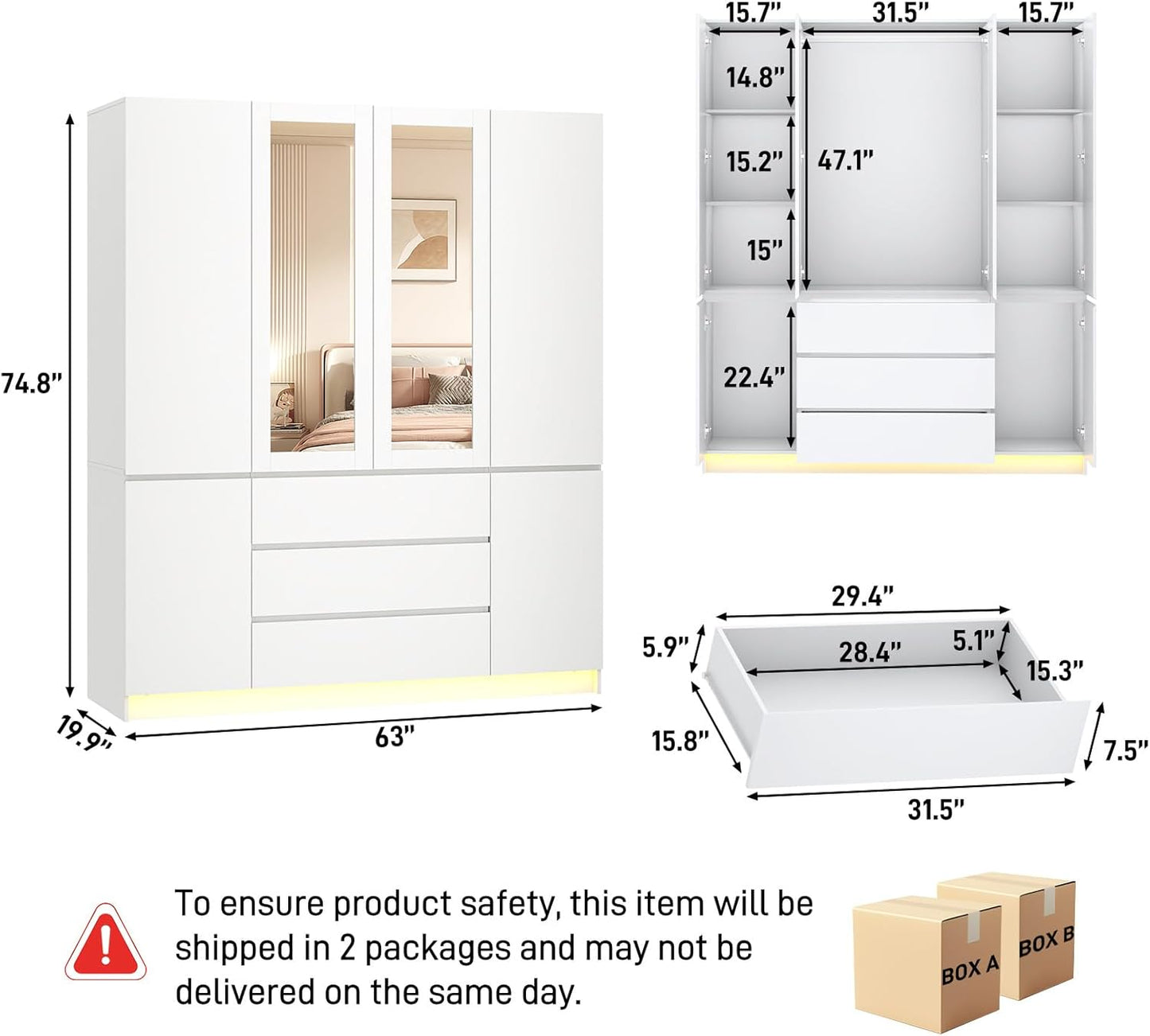 4 Doors Armoire Wardrobe Closet with 3 Drawers & Mirror, Modern Wooden Bedroom Armoires with Hanging Rod Led Lights for Bedroom, White