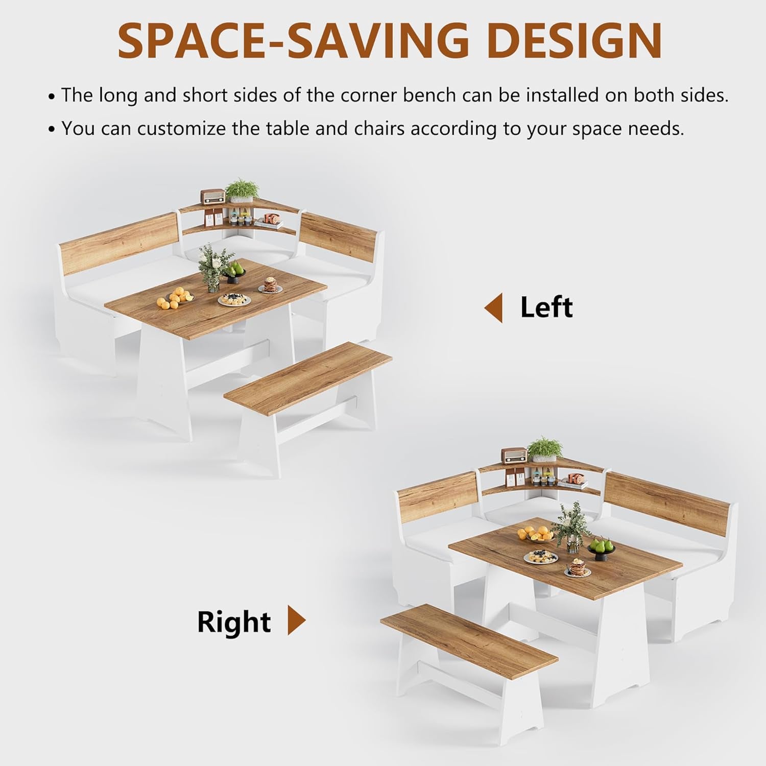 Corner Breakfast Nook Table Set with Cushion, L-Shape Kitchen Dining Table with Bench, Farmhouse Wood Breakfast Nook Bench with Hidden Storage,White & Brown