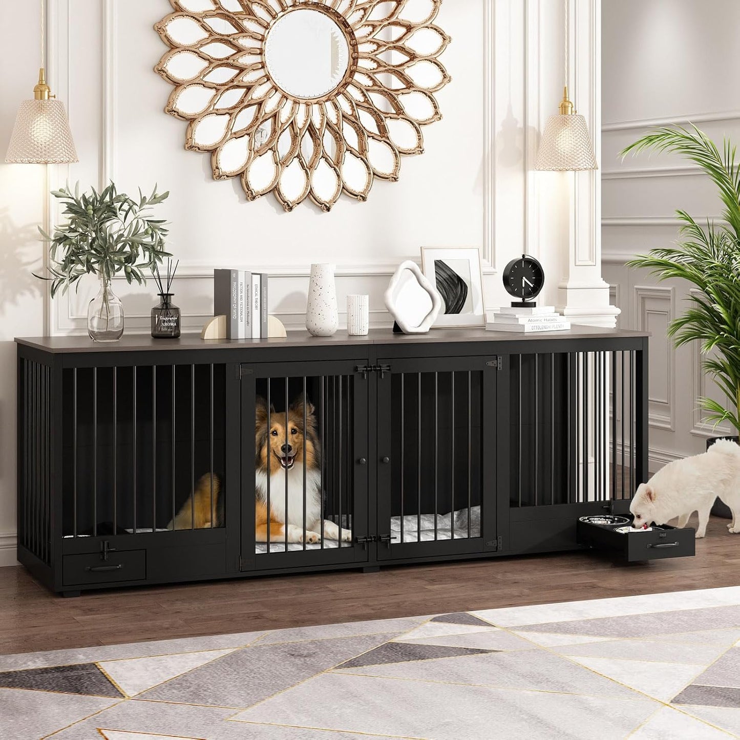 Furniture Style Large Dog Crate for 2 Dogs, 86.6" Heavy Duty Wooden Dog Kennel with Dog Bowl Drawers & Divider, Indoor Furniture Style Dog Kennel for Large Medium Dogs, Black