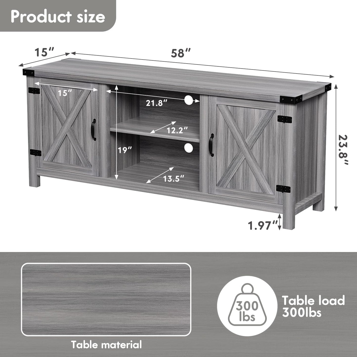 Modern Farmhouse TV Stand with Two Barn Doors and Storage Cabinets for Televisions up to 65+ Inch, Entertainment Center Console Table, Media Furniture for Living Room, 58 Inch, Gray Wash
