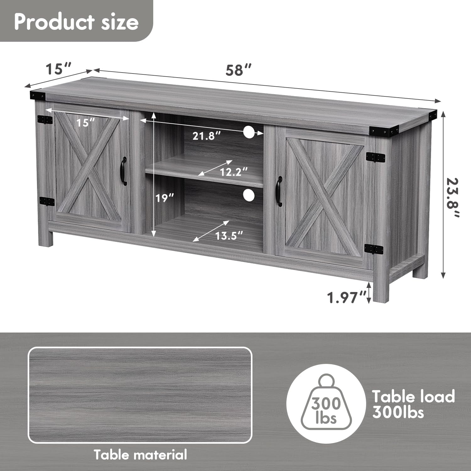 Modern Farmhouse TV Stand with Two Barn Doors and Storage Cabinets for Televisions up to 65+ Inch, Entertainment Center Console Table, Media Furniture for Living Room, 58 Inch, Gray Wash