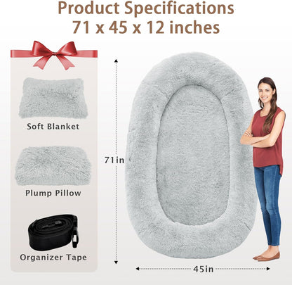 Human Dog Bed, 71''X45''X12'' Size Fits Adult and Pet Washable Giant People Bed 10 CM Thick Memory Foam Large Oversize Pet Bed with Plump Pillow, Blanket, Strap - Grey