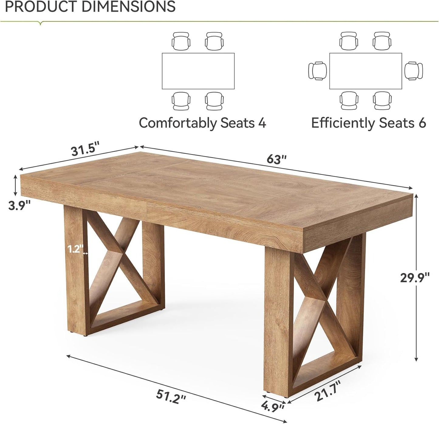 63-Inch Rectangle Dining Table for 4-6 People, Farmhouse Thick Appearance Design, Rectangular Kitchen Dinner Table for Home, Rustic Yellowish Brown