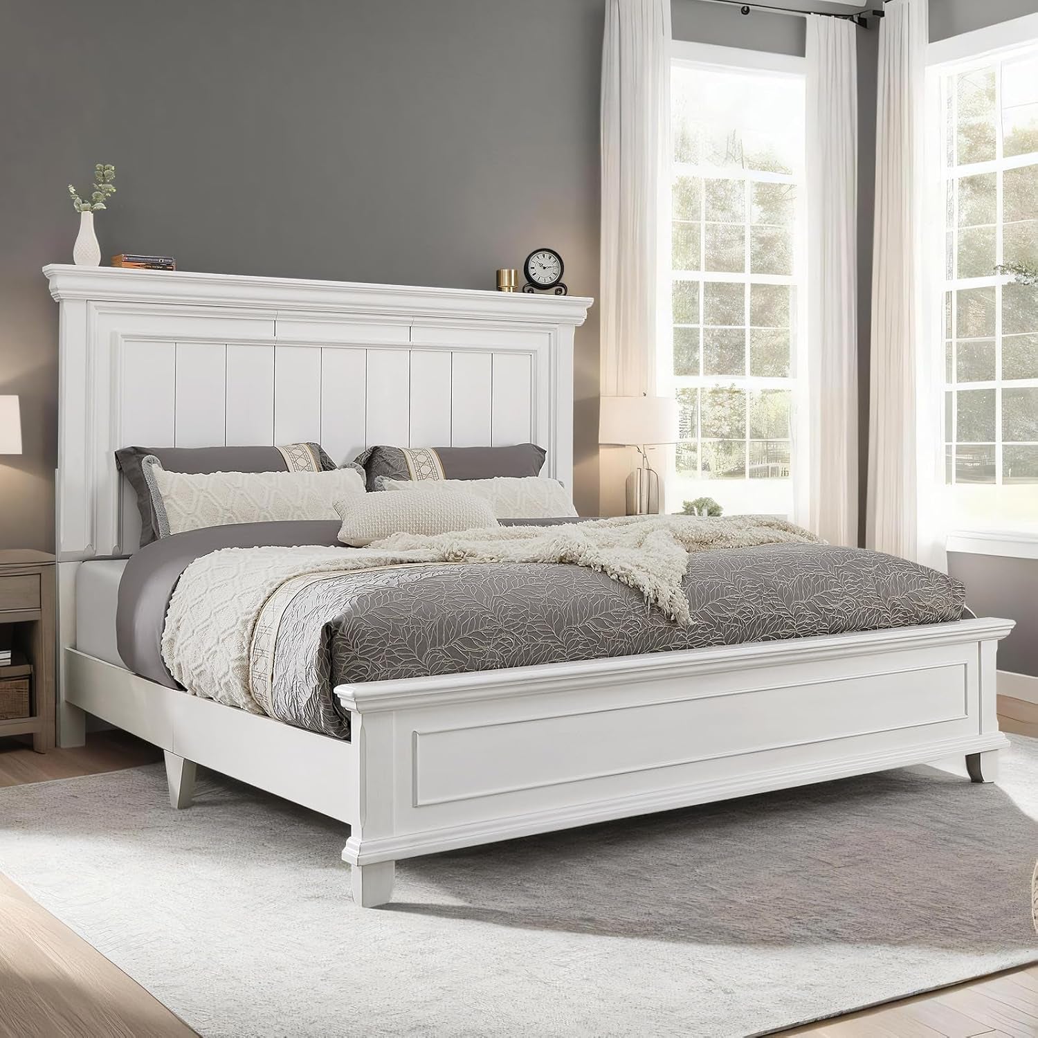 King Size Solid Wood Bed Frame with Headboard and Footboard, Noiseless Farmhouse Platform Bed, No Box Spring Needed, Rustic Bed Base with 12 Wood Slats Support, Distressed