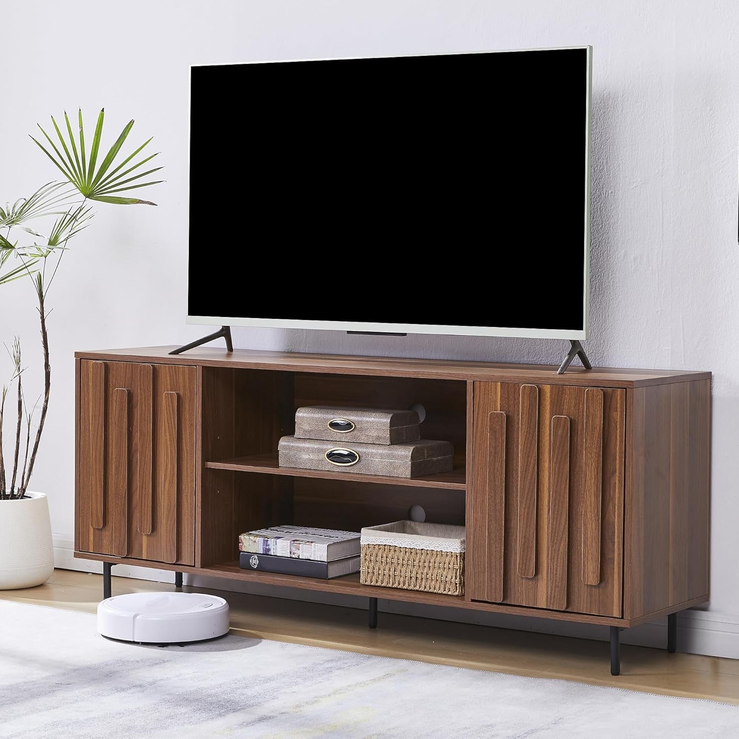 TV Stand for 65" 60" Tvs, Mid-Century Modern TV Stands for Living Room, Fluted Entertainment Center with Storage Cabinet & Open Shelf, Wood TV Console Media Cabinet, Walnut