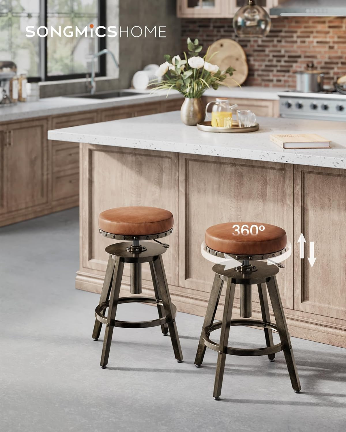 HOME Bar Stools, Set of 2, Steampunk Counter Stool for Kitchen, Adjustable Height and Swivel Padded Seat, Workbench Stool, 16.5 X 19.3 X 24.6-29.3 Inches, Caramel Brown ULJB096K01