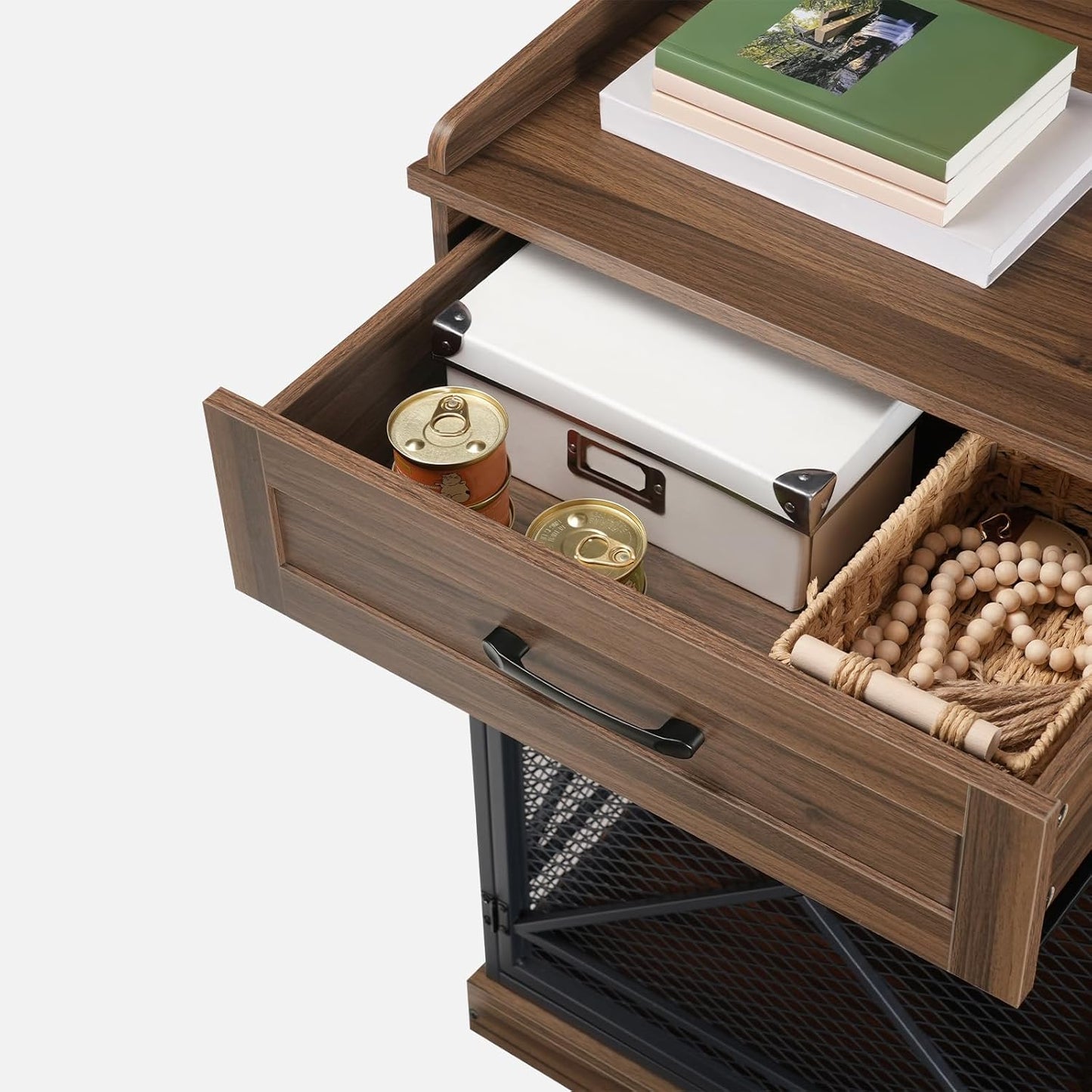 43.3” Dog Crate Furniture, XL Heavy Duty Dog Kennel with Drawers, Wooden Crate Indoor Side End Table for Medium to Large Dogs, Triple Door Design, Walnut and Black