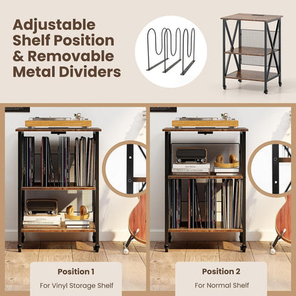 Record Player Stand with Charging Station, Turntable Stand with Record Storage & 4 Rolling Wheels, Vinyl Record Storage Table up to 250 Albums for Living Room, Bedroom (Dark Brown)