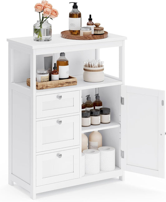 Bathroom Floor Storage Cabinet, Freestanding Bathroom Storage Unit with 3 Drawers, Adjustable Shelf, 11.8 X 23.6 X 31.5 Inches, White UBBC542P31V1