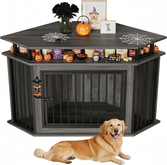 51" Corner Wooden Dog Crate Furniture with 2-Tier Shelves, Pet Kennel for Large Dogs, Space-Saving Dog Cage Indoor, Rustic Brown (26.7" L X 51.2" W X 33.5" H)