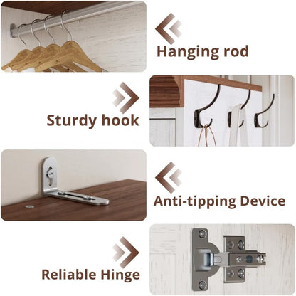 Armoire Wardrobe Closet with Side Half Mirror, 70" Freestanding 4-Door Storage Cabinet for Bedroom, Features Side Hooks, Open Compartments, Hanging Rod & Shelves, White Armoire