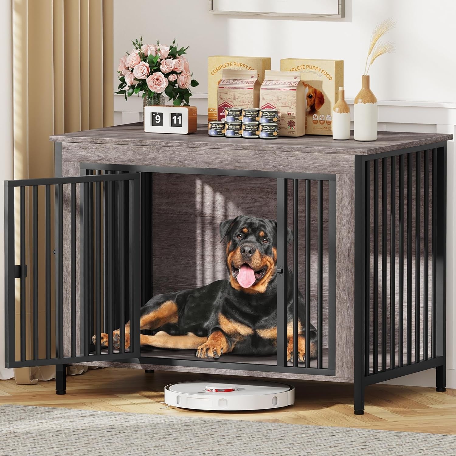 Dog Crate Furniture for 1 or 2 Dogs, Heavy Duty Single/Double Dog Crates for Small/Medium/Large Dogs, Dog Kennel Furniture Indoor as TV Stand, Extra Large Size 47.24" L(65-92 Pounds), Oak Grey